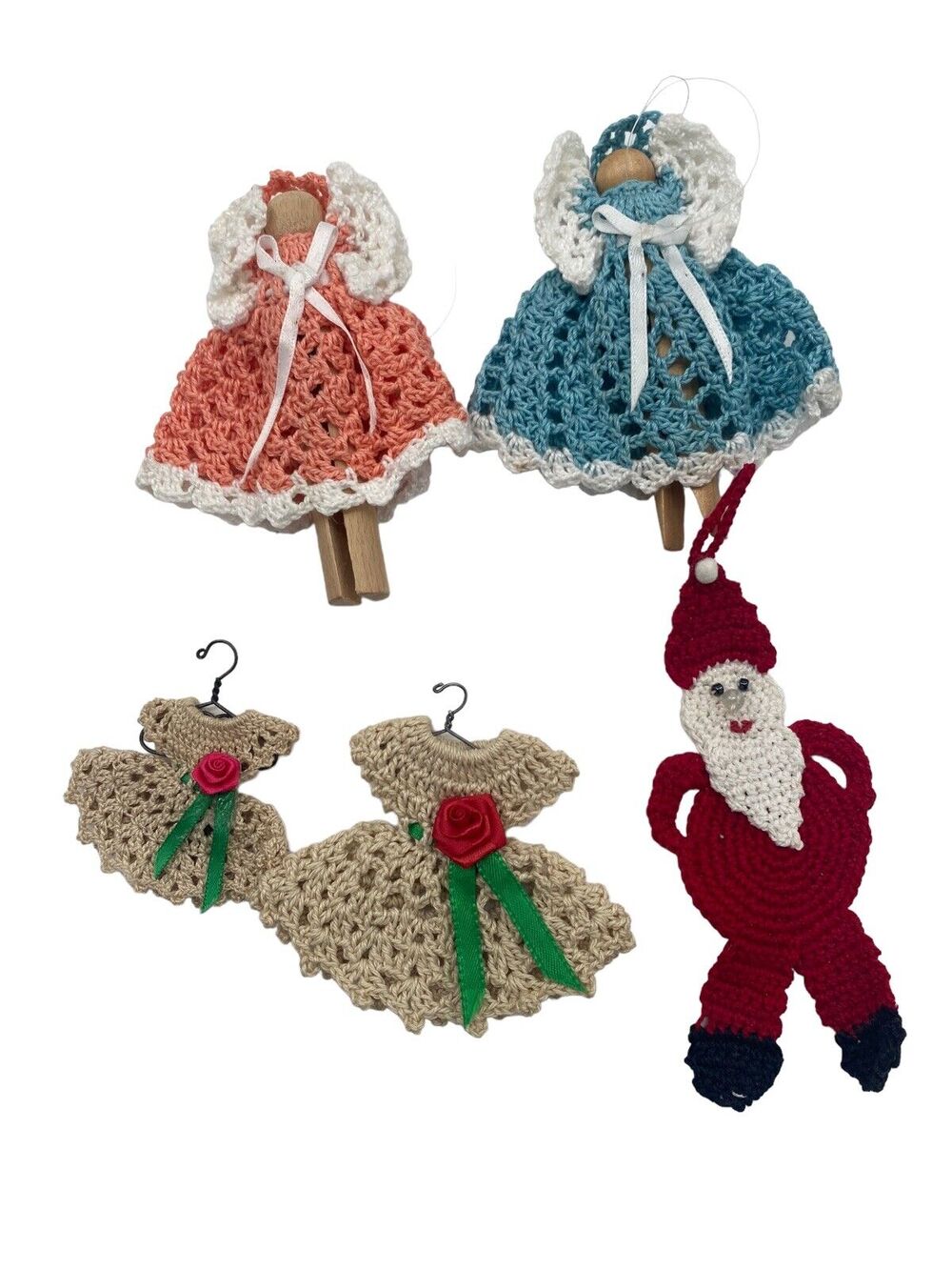 Vintage Crochet Mini Christmas Ornaments Lot of 5 Handmade Dresses